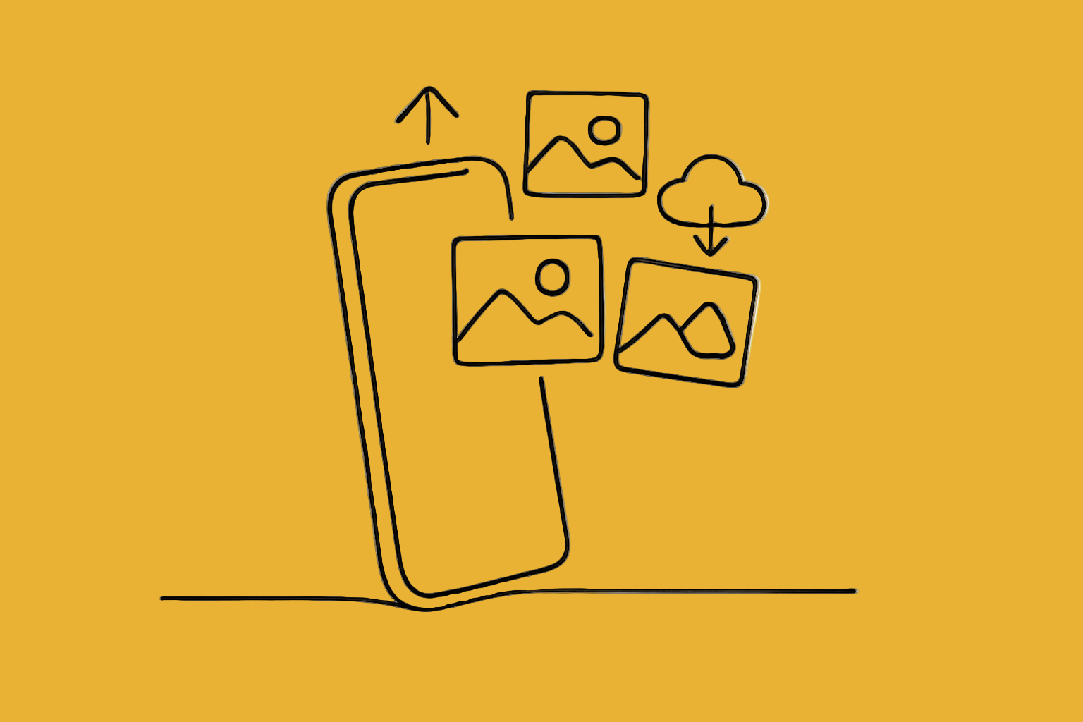 a continuous line drawing of a cell phone of photos to upload