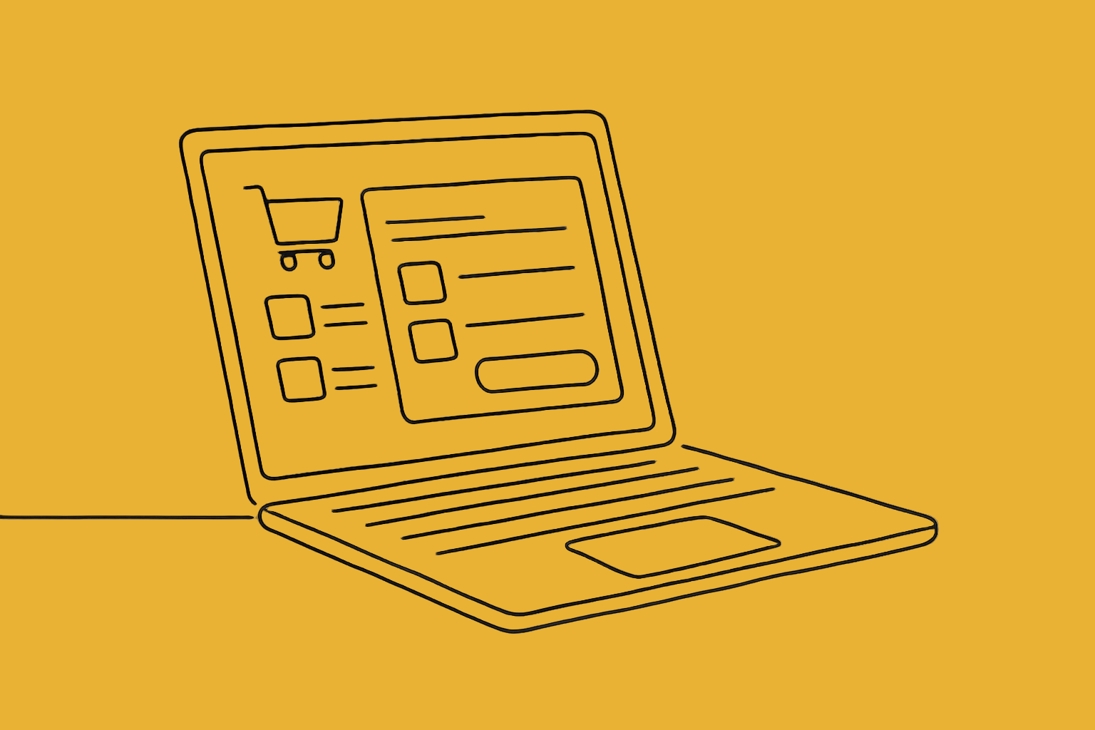 a continuous line drawing of a laptop of a person who is checking out with an online purchase